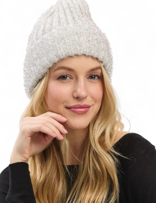 Ivory O S Lurex Fuzzy Winter Beanie | Daverri Fashions