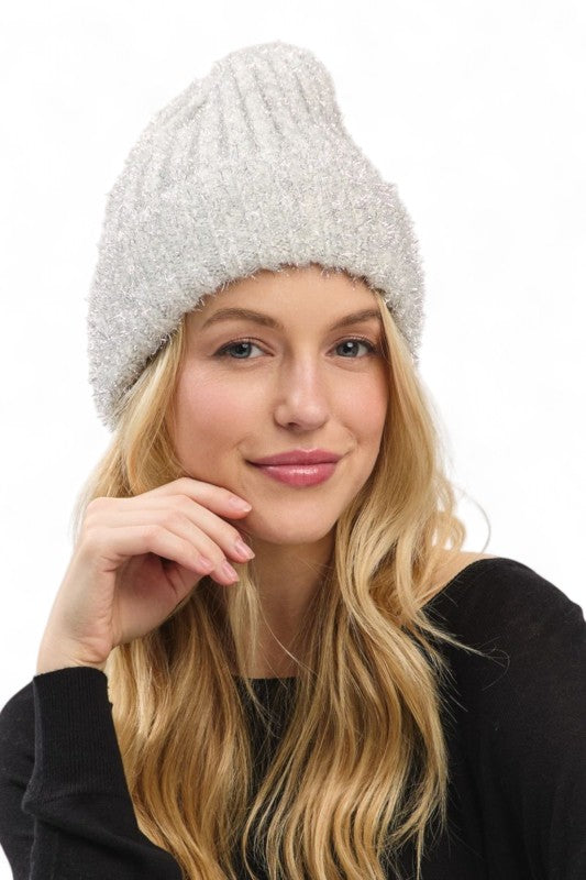 Ivory O S Lurex Fuzzy Winter Beanie | Daverri Fashions