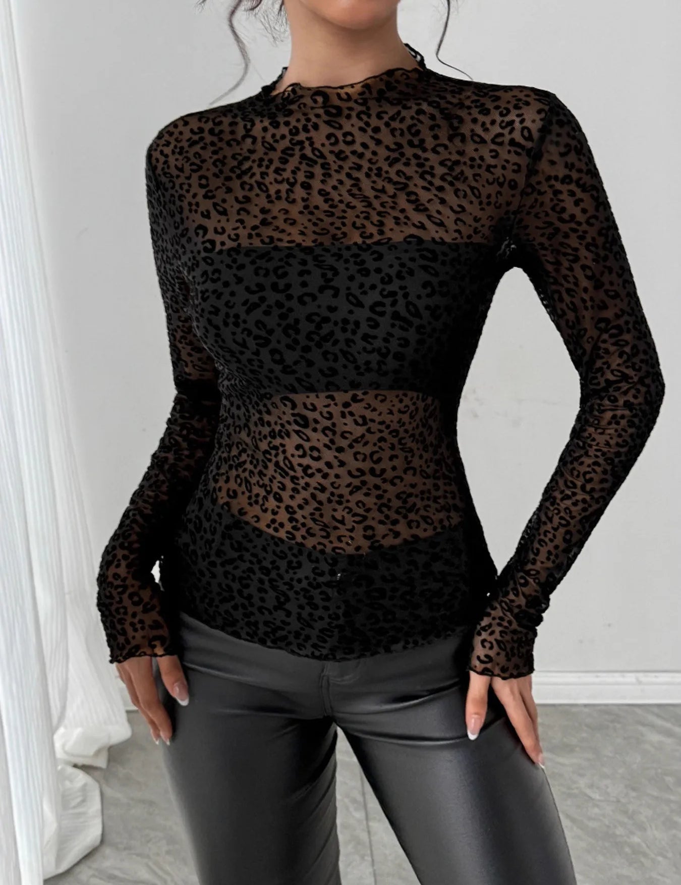 Black Leopard Print Mesh Long Sleeve T-Shirt | Tops Daverri Fashions