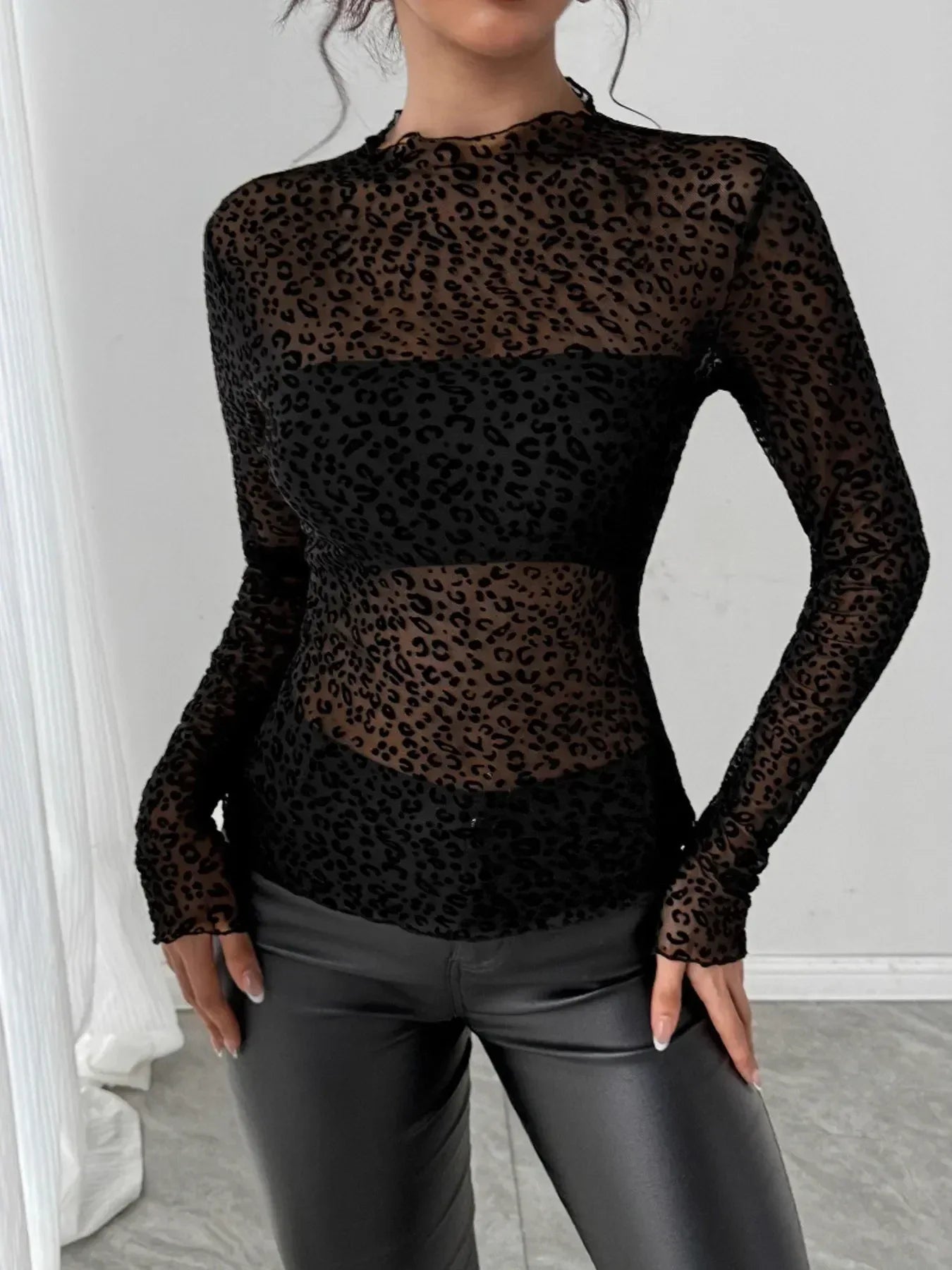 Leopard Print Mesh Long Sleeve T-Shirt - DAVERRI FASHIONS