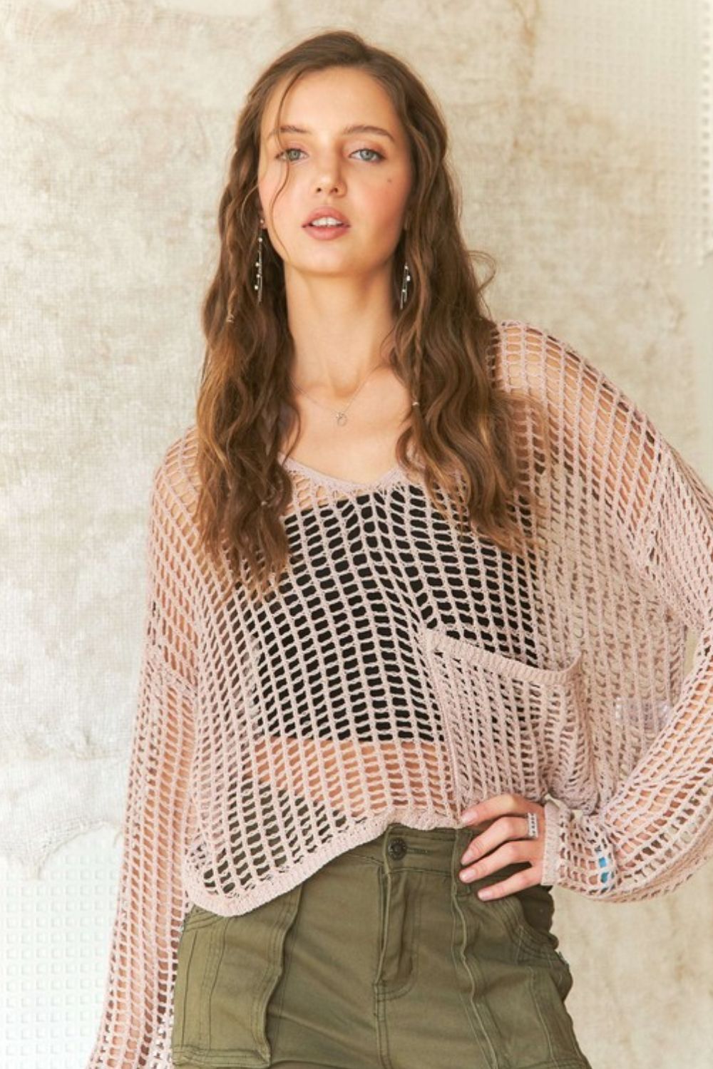 ADORA Crochet Long Sleeve Knit Cover Up with Big Pocket Sand