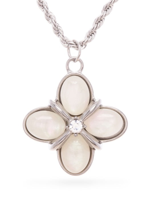 Rhodium O S Opal Clover Stone Pendant Necklace | Necklaces Daverri Fashions
