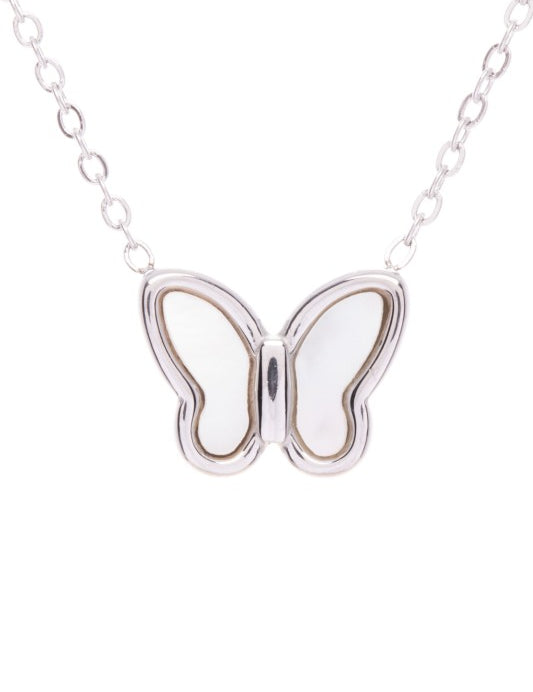 Silver O S MOP Petite Butterfly Pendant Necklace | Necklaces Daverri Fashions