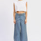 Belted wide-leg denim trousers with textured pattern and metallic buckle