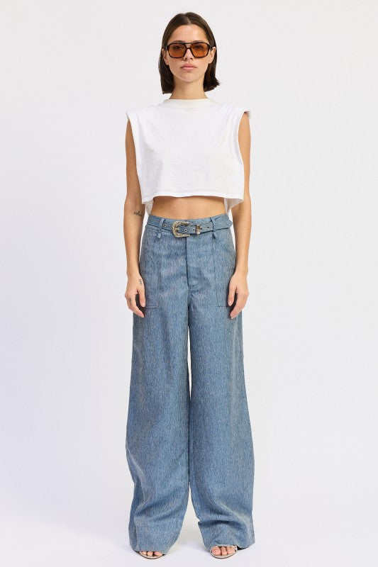Belted wide-leg denim trousers with textured pattern and metallic buckle
