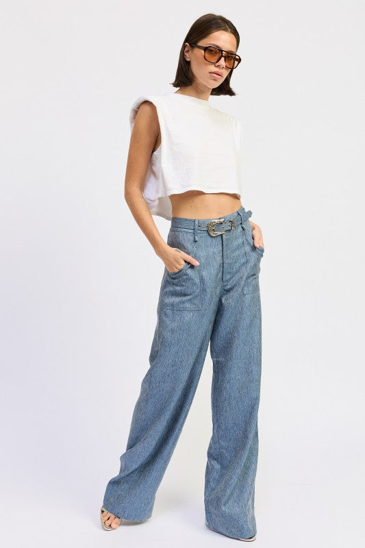 Belted wide-leg denim trousers with textured pattern and metallic buckle