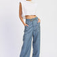 Belted wide-leg denim trousers with textured pattern and metallic buckle