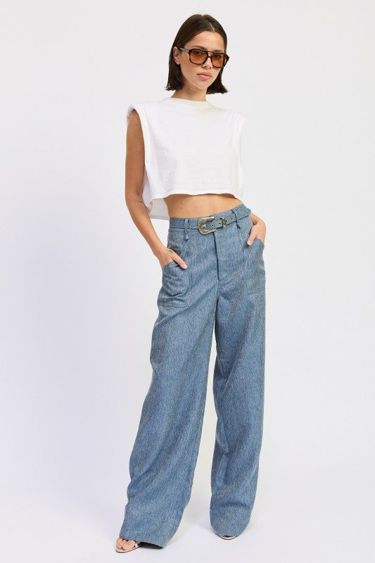 Belted wide-leg denim trousers with textured pattern and metallic buckle