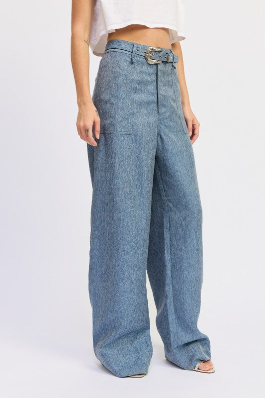 Belted wide-leg denim trousers with textured weave and silver buckle