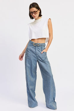 Belted wide-leg denim trousers with snakeskin pattern and metallic buckle
