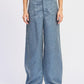 Belted wide-leg denim trousers in medium blue wash with silver buckle