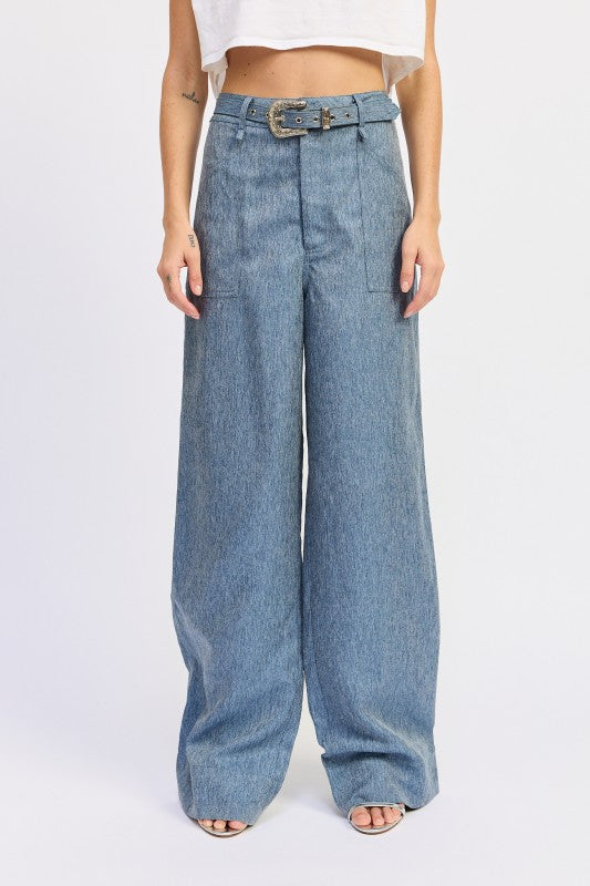 Belted wide-leg denim trousers in medium blue wash with silver buckle