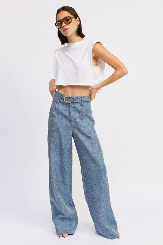 Belted wide-leg denim trousers with textured pattern and metallic buckle