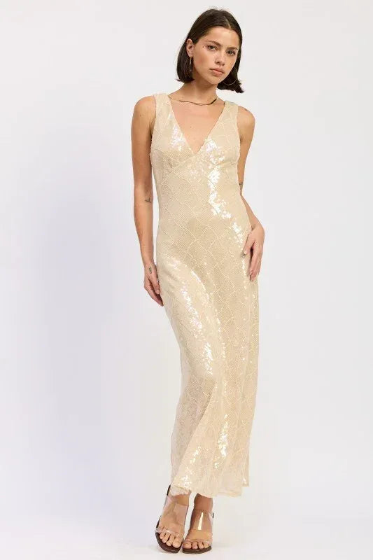 Emory Park Embellished Sequin Open Scoop Back Midi Dress - DAVERRI FASHIONS