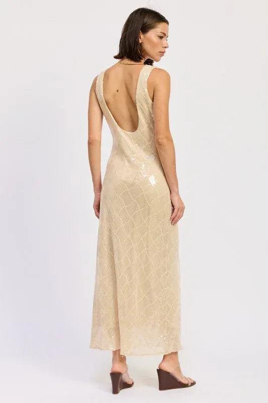 Emory Park Embellished Sequin Open Scoop Back Midi Dress - DAVERRI FASHIONS