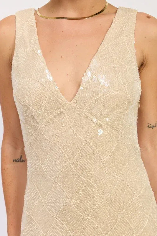 Emory Park Embellished Sequin Open Scoop Back Midi Dress - DAVERRI FASHIONS