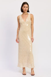 Embellished midi sequin dress with plunging neckline and open scoop back