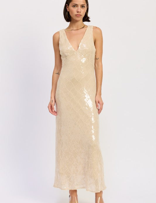 Embellished midi sequin dress with plunging neckline and open scoop back