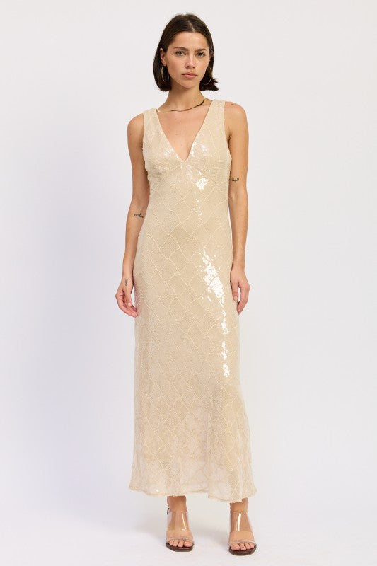 Embellished midi sequin dress with plunging neckline and open scoop back