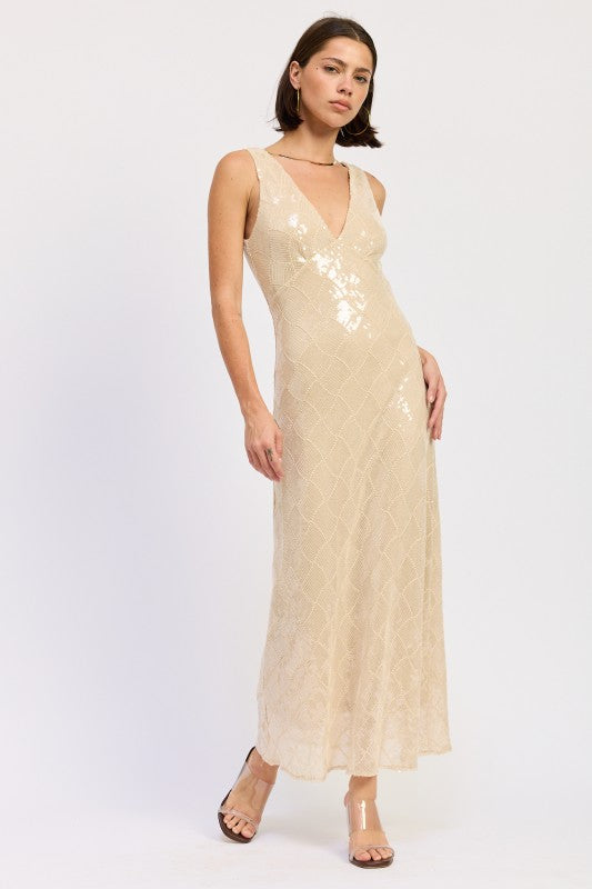 Beige sequined V-neck slip dress with thin straps and open scoop back