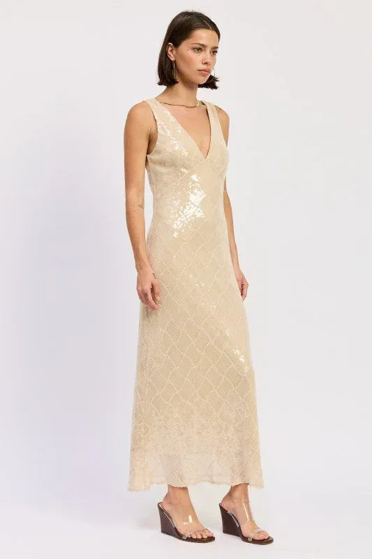 Emory Park Embellished Sequin Open Scoop Back Midi Dress - DAVERRI FASHIONS