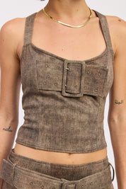 Bustier Belted Denim Crop Top with Buckle Detail | Tops Daverri Fashions
