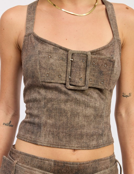 BUSTIER BELTED DENIM CROP TOP WITH BUCKLE DETAIL | Daverri Fashions