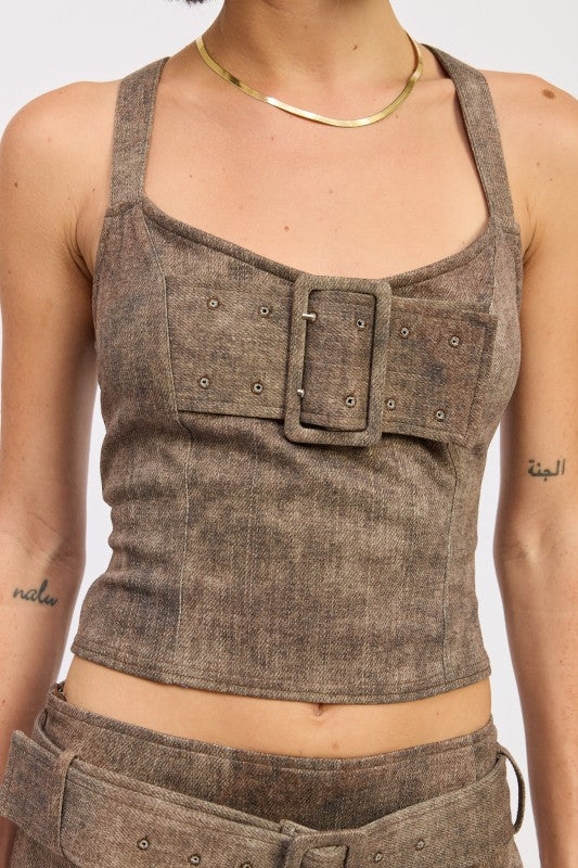 Bustier Belted Denim Crop Top with Buckle Detail | Tops Daverri Fashions