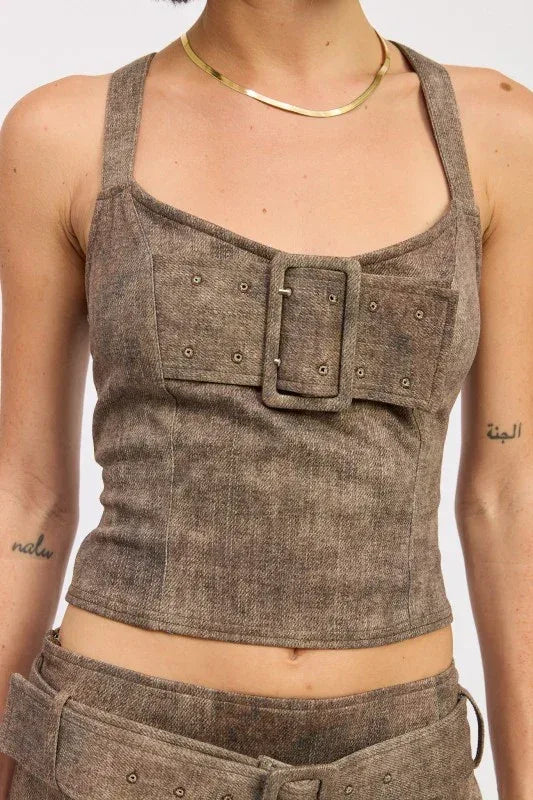 Bustier Belted Denim Crop Top with Buckle Detail - DAVERRI FASHIONS
