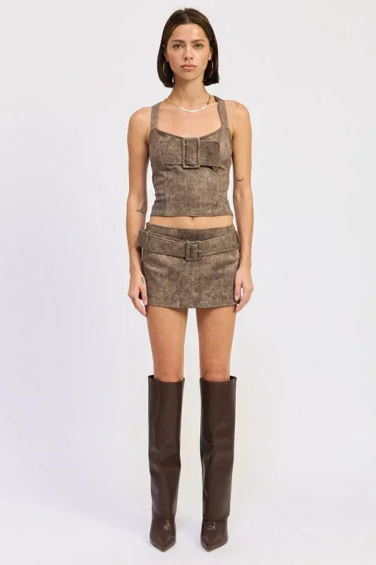 Bustier Belted Denim Crop Top with Buckle Detail - DAVERRI FASHIONS