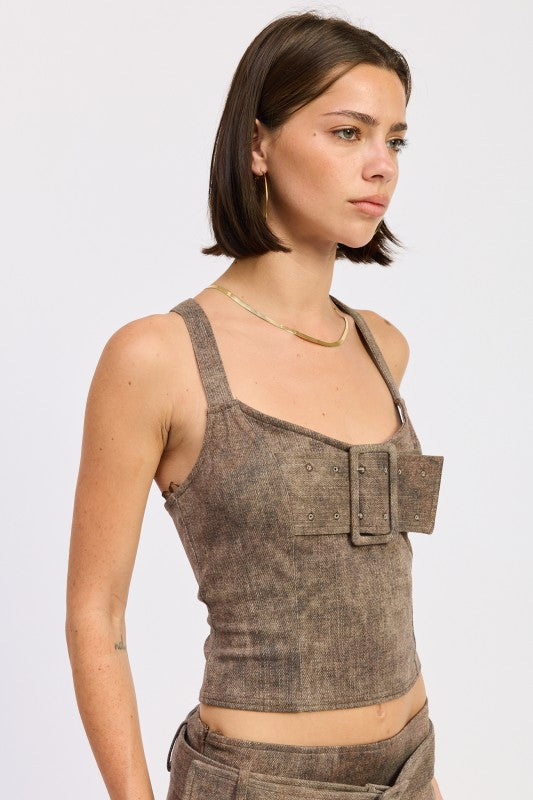 Bustier Belted Denim Crop Top with Buckle Detail | Tops Daverri Fashions