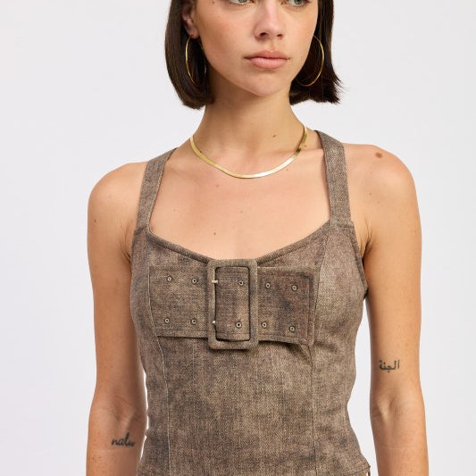 DK BROWN Bustier Belted Denim Crop Top with Buckle Detail | Tops Daverri Fashions