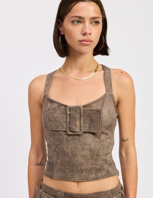 DK BROWN BUSTIER BELTED DENIM CROP TOP WITH BUCKLE DETAIL | Daverri Fashions