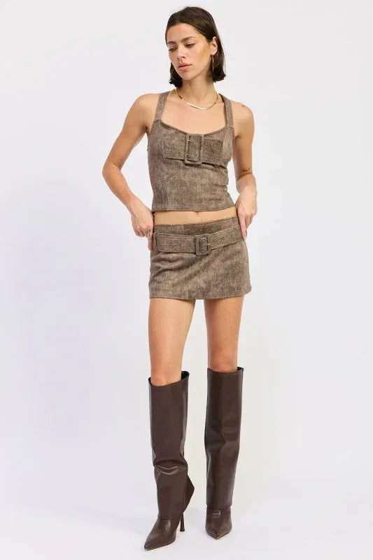 Bustier Belted Denim Crop Top with Buckle Detail - DAVERRI FASHIONS