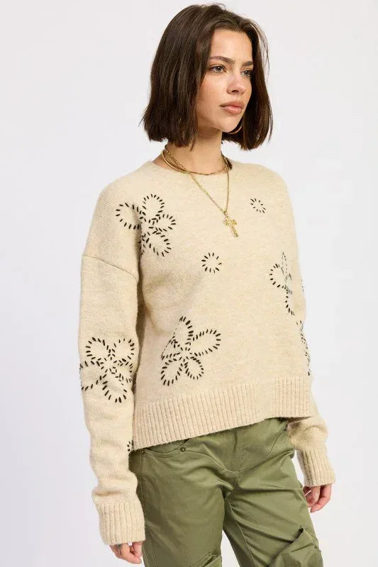 Floral Whipstitch Sweater - DAVERRI FASHIONS