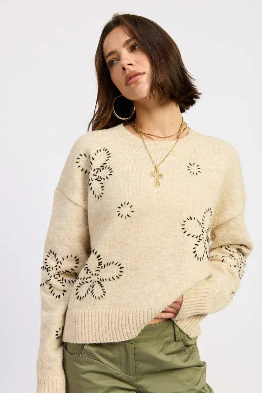 Floral Whipstitch Sweater - DAVERRI FASHIONS
