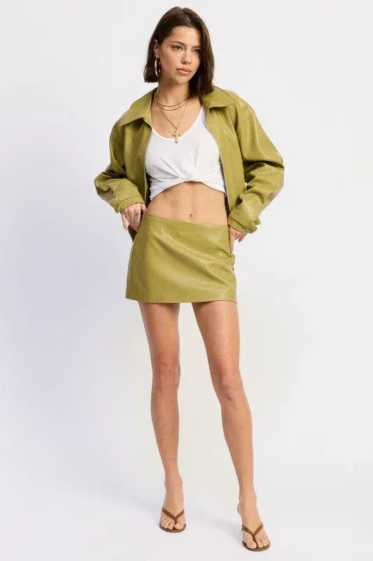 Emory Park Collared Zip Faux Leather Cropped Jacket - DAVERRI FASHIONS