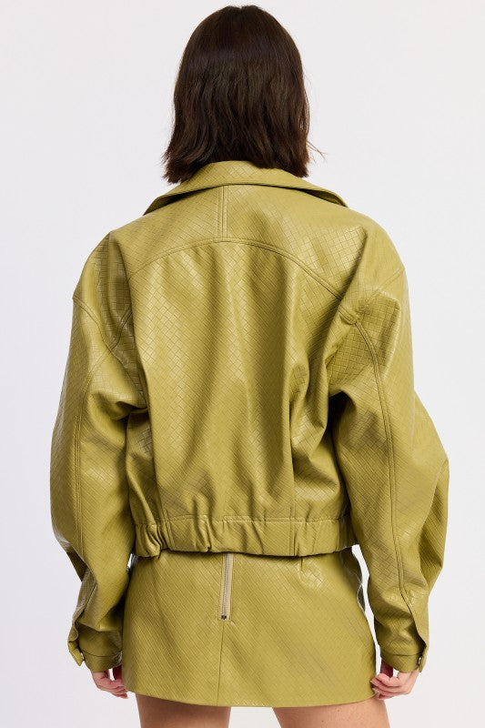Olive green Emory Park faux leather cropped jacket with zip pockets and adjustable waistband
