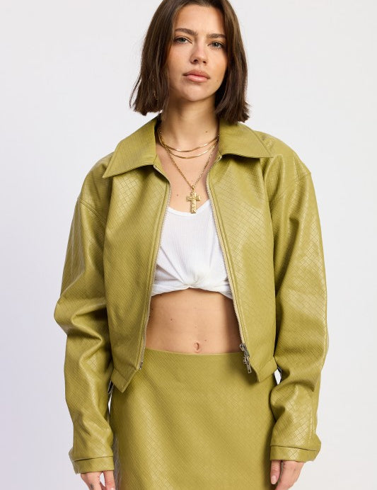 Olive green vegan leather Emory Park cropped jacket with zipper details