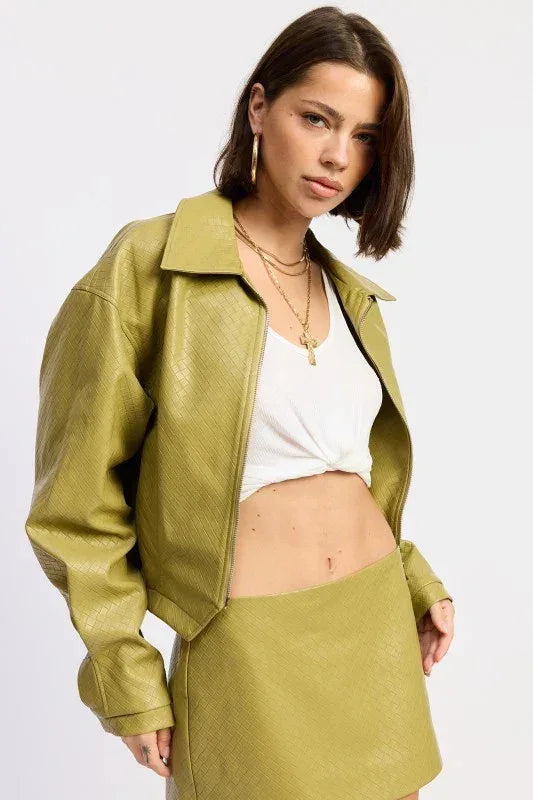 Emory Park Collared Zip Faux Leather Cropped Jacket - DAVERRI FASHIONS