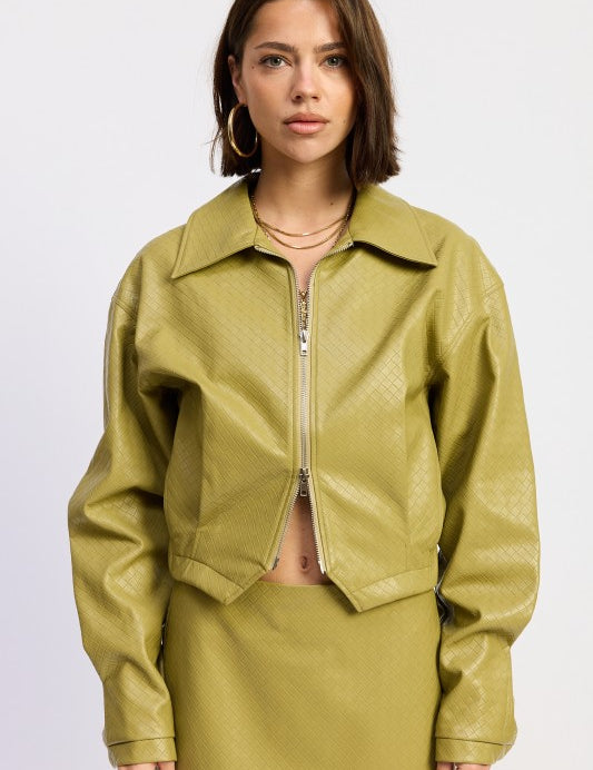 Olive green Emory Park faux leather cropped jacket with zipper