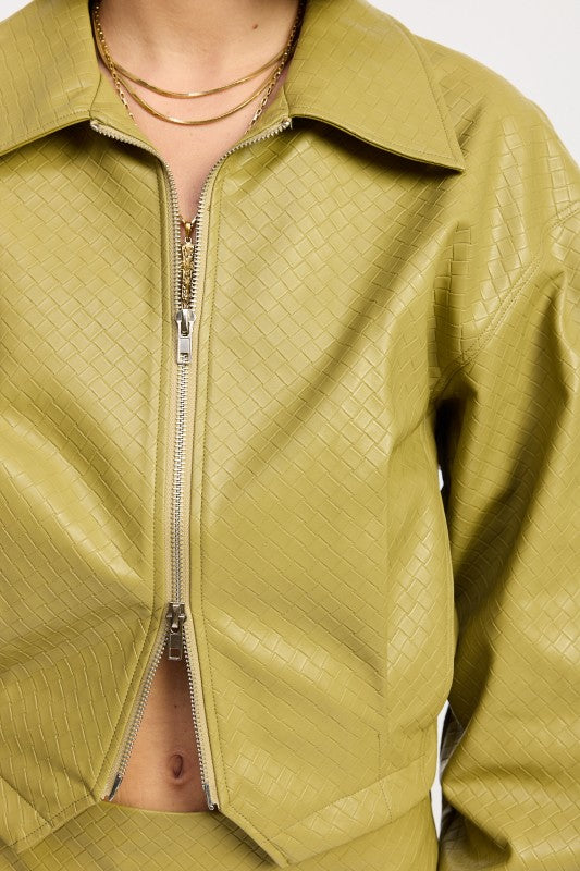 Olive green textured Emory Park faux leather cropped jacket with gold zipper