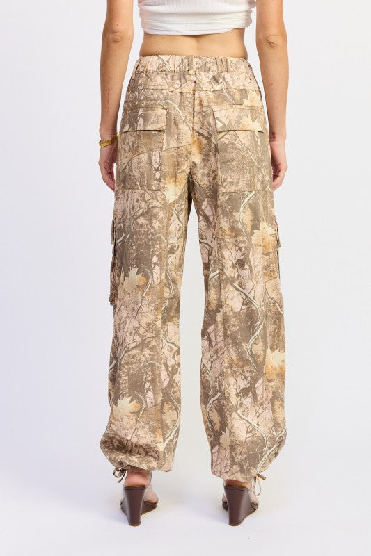 Emory Park Woodland Camo Cargo Pants with relaxed fit and elastic waistband