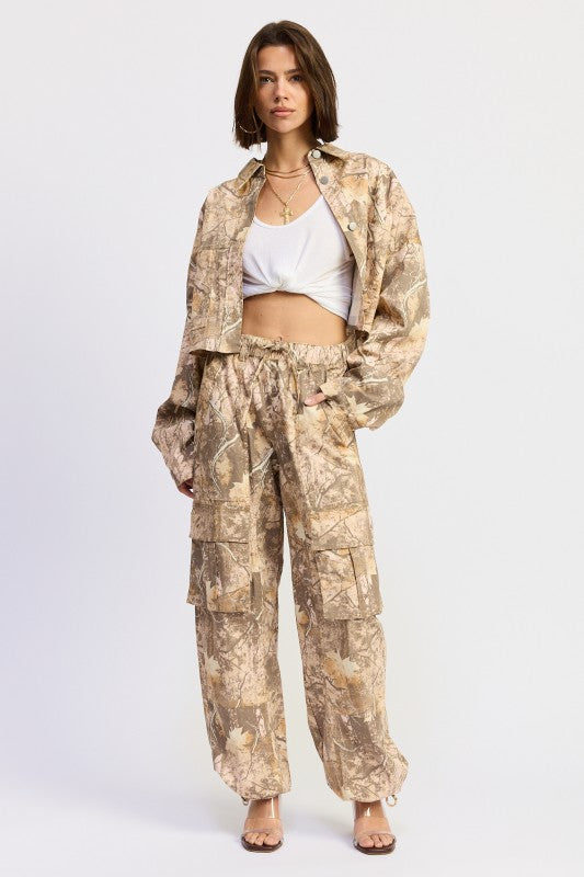 Emory Park Woodland Camo Cargo Pants in beige tan camo with drawstring waist