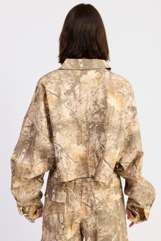Emory Park woodland camo oversized cropped jacket in beige tan pattern