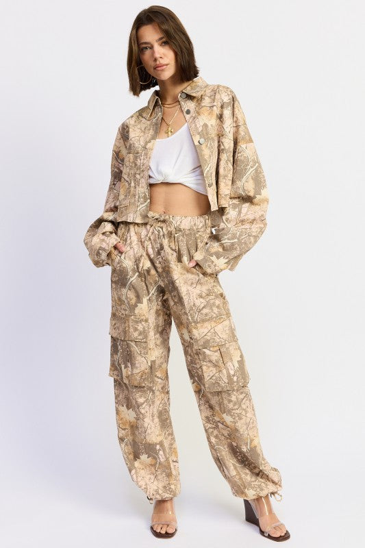 Emory Park woodland camo oversized jacket with beige tan cargo pants