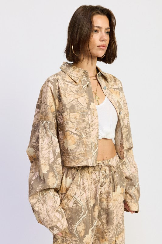 Emory Park woodland camo oversized jacket in beige and brown with puffed sleeves