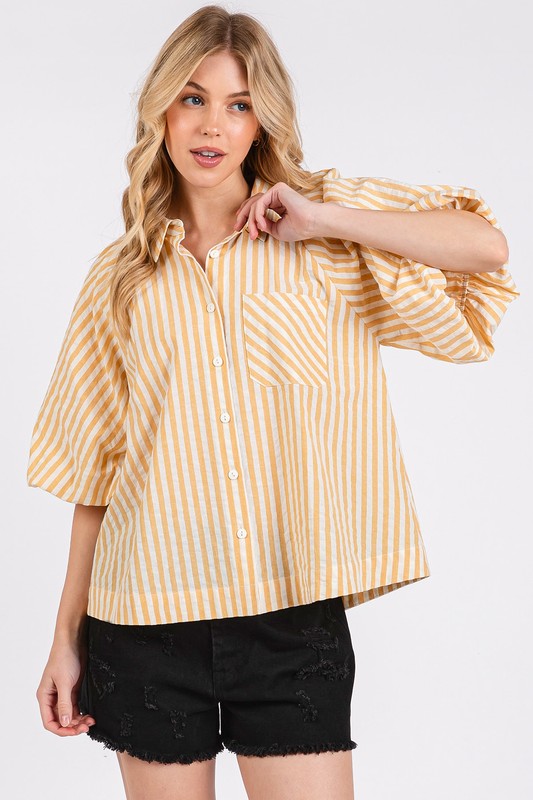 Mittoshop Button Down Striped Puff Sleeve Shirt Pastel Yellow