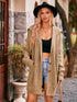 Beige ribbed knit hooded dropped shoulder long sleeve cardigan with buttons