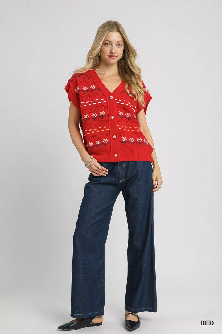 Umgee Button-Down Knit Vest with Floral Pattern | Daverri Fashions